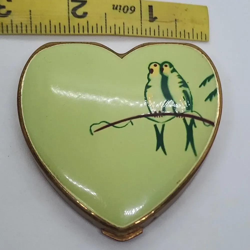 Vintage Heart Compact Lovebirds Mirror Powder Case USA Gold Tone Enamel RARE